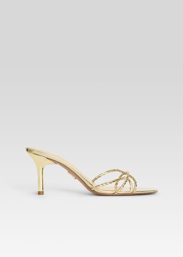 Gold metallic Karolina sandal with braided rope straps and mid height heel viewed from the side media 1 of 5