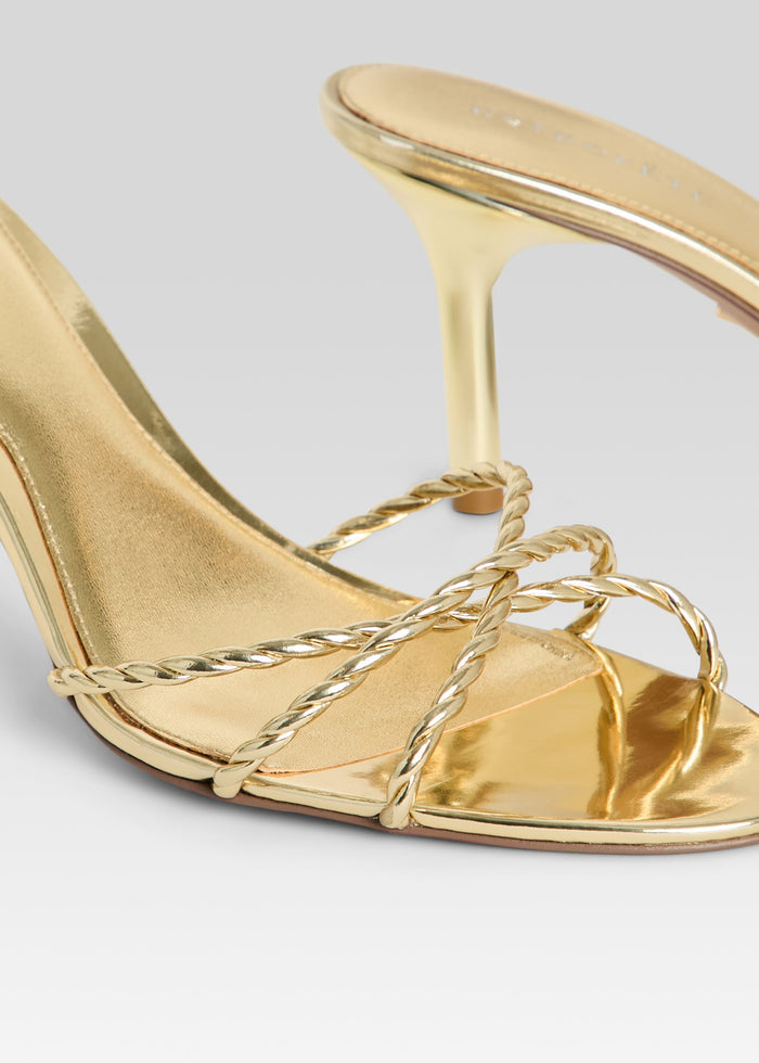 Close up of gold Karolina sandal highlighting the twisted rope strap detail across the toes media 3 of 5