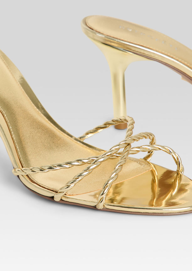 Close up of gold Karolina sandal highlighting the twisted rope strap detail across the toes