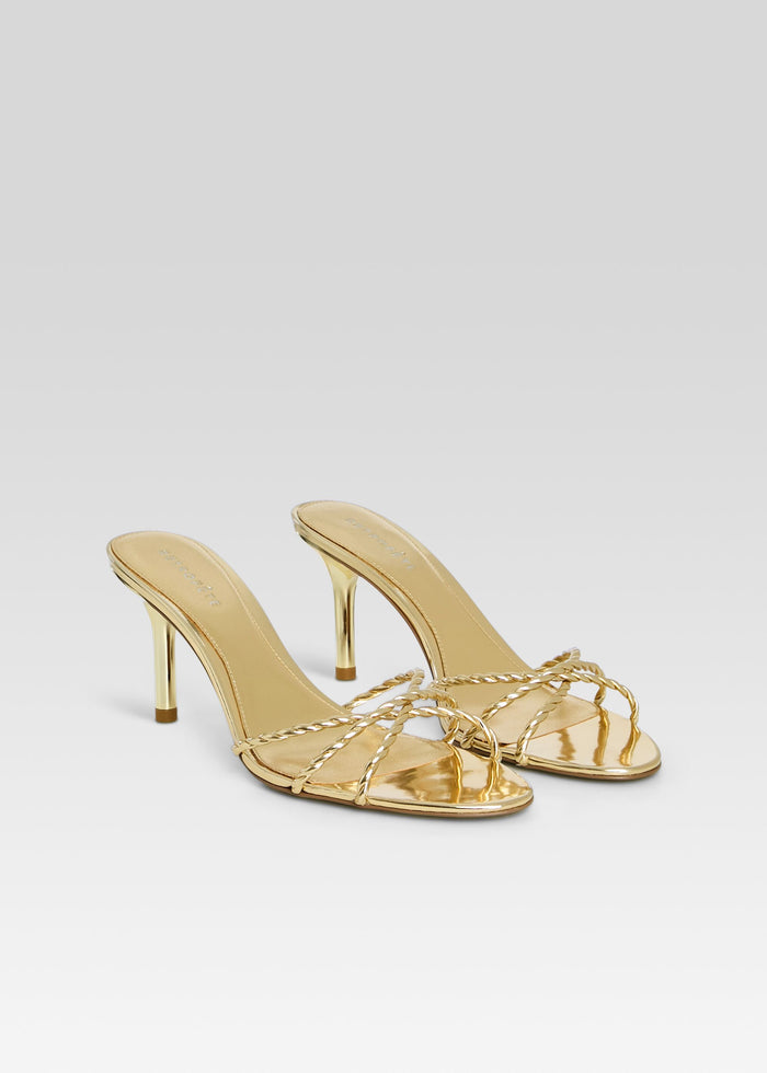 Gold metallic Karolina sandal with braided straps and slender heel, three-quarter view media 4 of 5