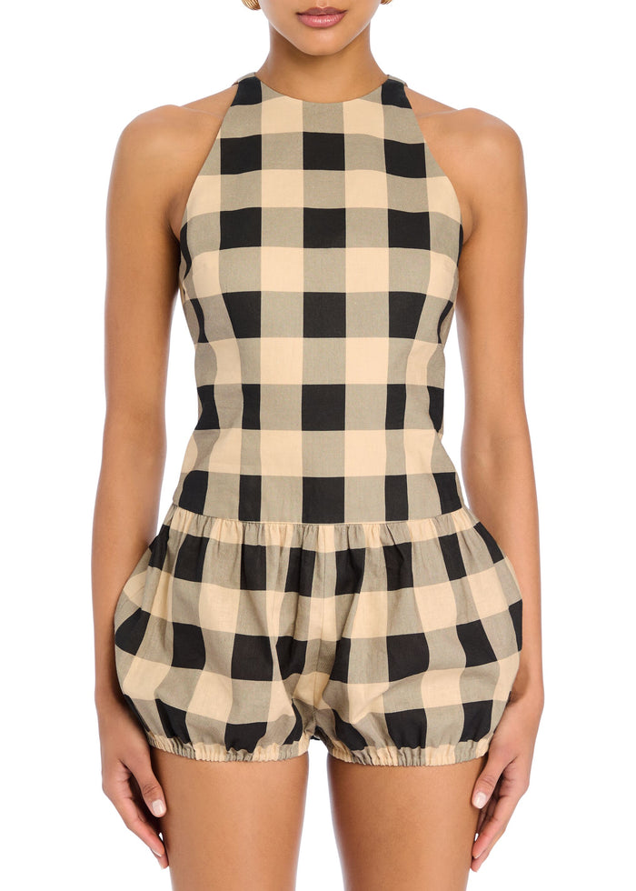 Beige and black gingham linen romper with halter neckline and elasticized waist and leg hems. media 5 of 5