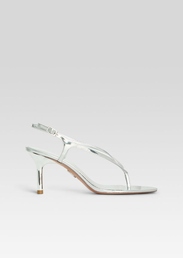 Klotilde Sandal silver metallic sandal with T strap and ankle buckle
