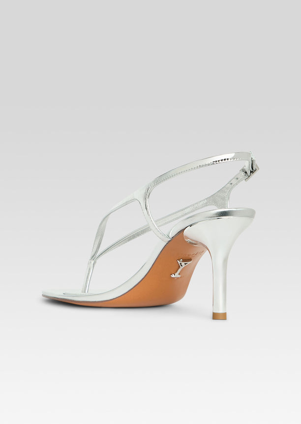 Klotilde Sandal in metallic silver with slender straps and a stiletto heel