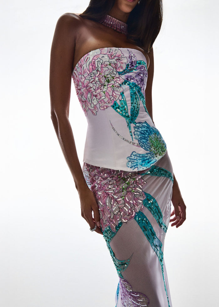 Alinea embellished strapless gown with large pink purple and teal floral sequin embroidery on a pale base media 2 of 7