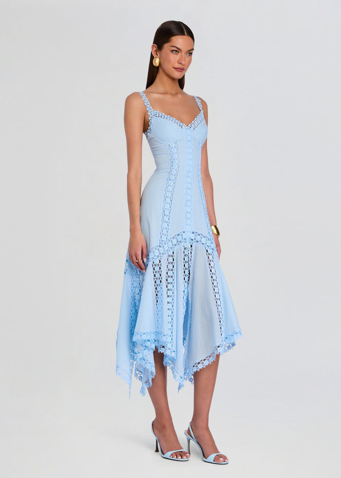 Model wearing a light blue Blossel Long Dress with lace panels and a scalloped lace hem. media 3 of 5