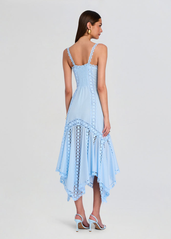 Back view of Blossel Long Dress on model showing lace panels and scalloped hem media 4 of 5