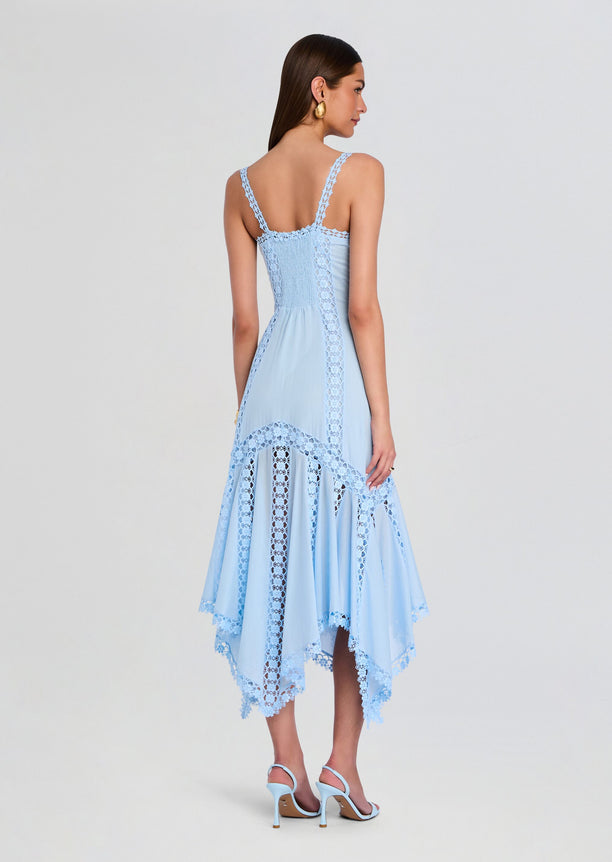 Back view of Blossel Long Dress on model showing lace panels and scalloped hem