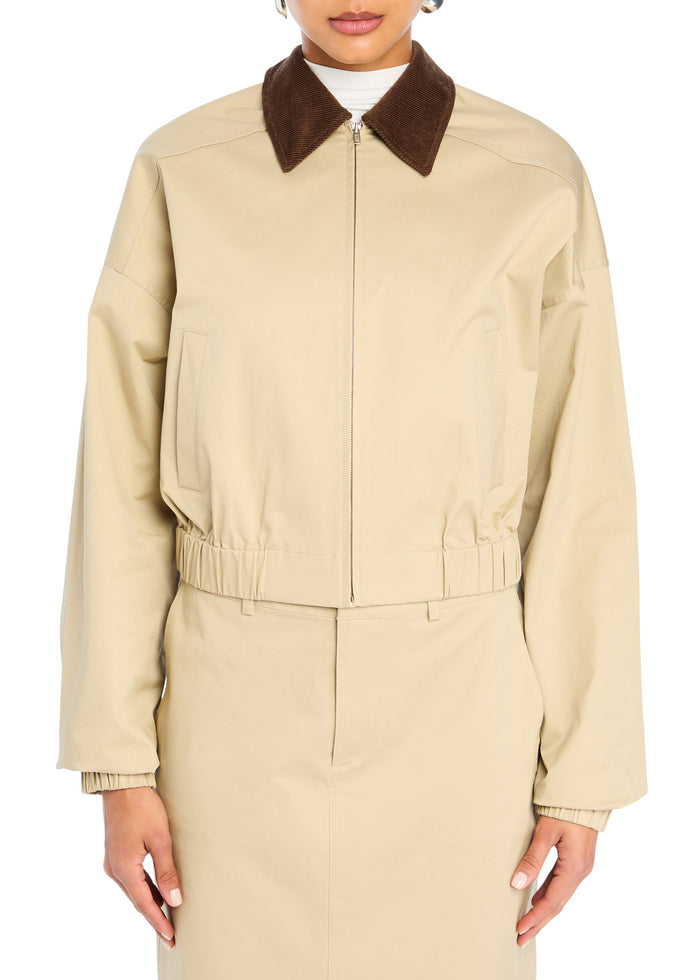 Beige Marielle Jacket with a brown corduroy collar and front zip, shown as a coordinated set. media 1 of 5