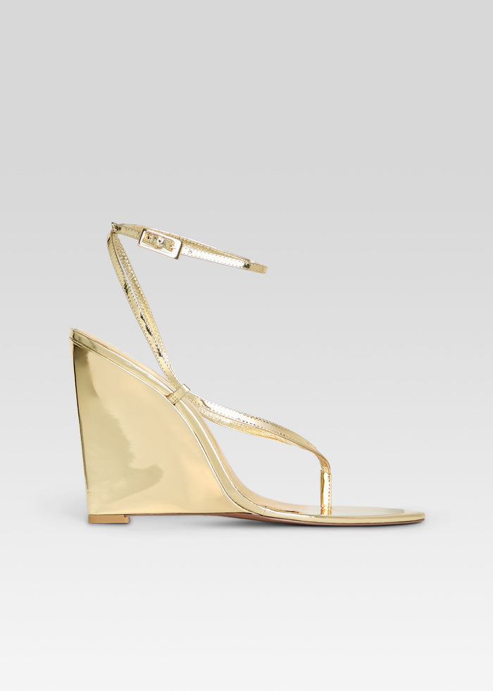 Namby Wedge gold metallic wedge sandal with T strap and ankle strap media 1 of 5