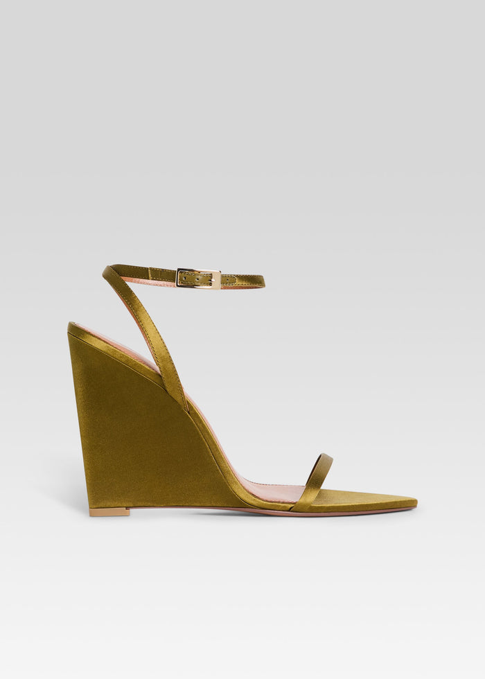 Olive green suede wedge sandal with a slim ankle strap and toe strap, gold buckle. media 1 of 5