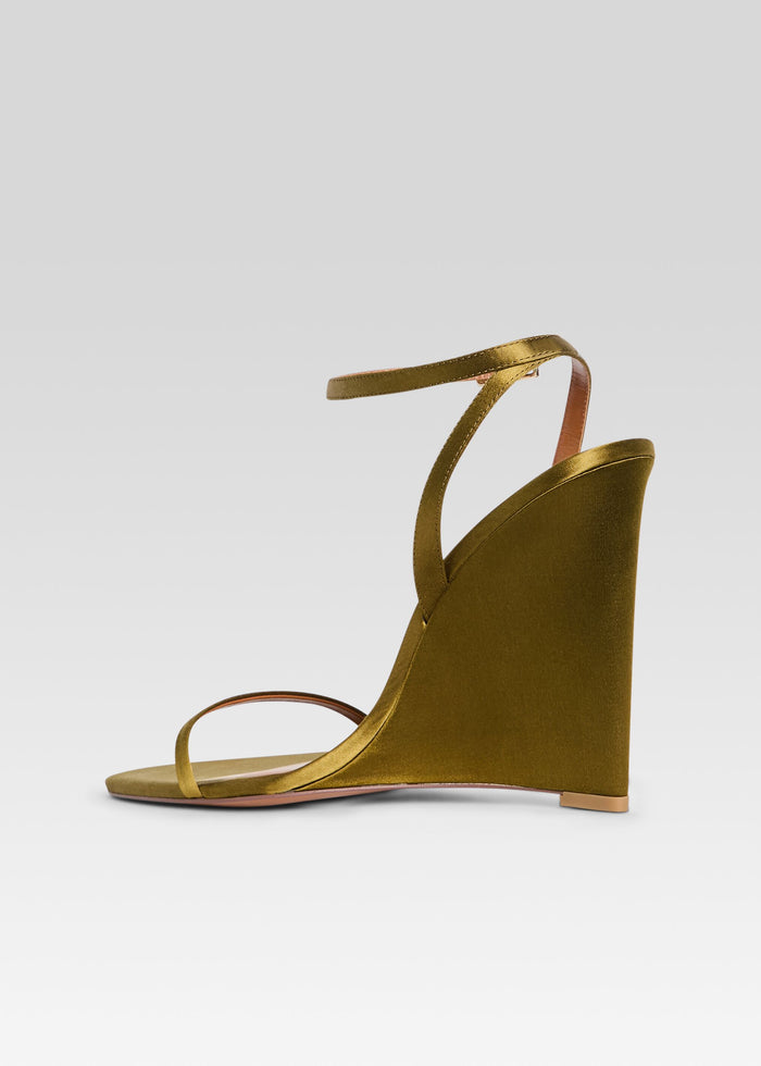 Gold metallic wedge sandal with thin toe strap and ankle wrap media 5 of 5