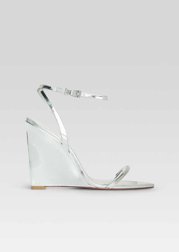 Nola Wedge sandal metallic silver with slender toe strap and ankle strap