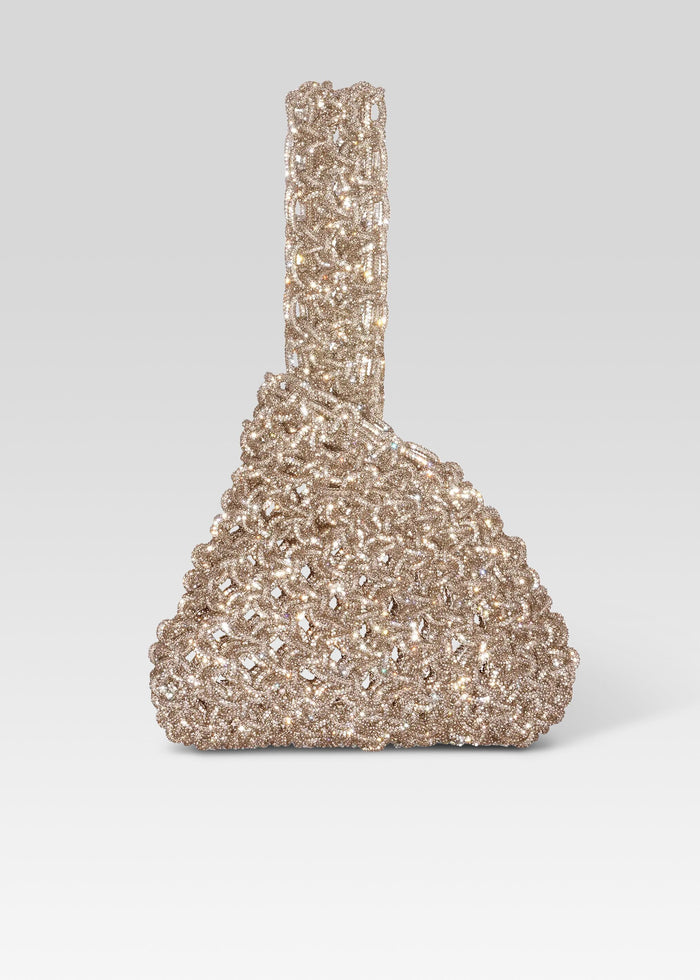 Niky Bag in champagne crystals with a rounded lattice base and crystal strap media 1 of 4