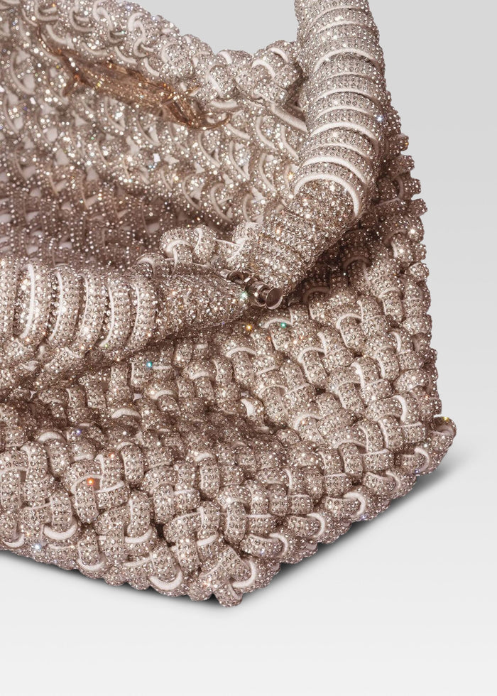 Olivia Clutch rose gold jeweled handbag densely encrusted with crystals and an interlocking ring pattern media 3 of 5