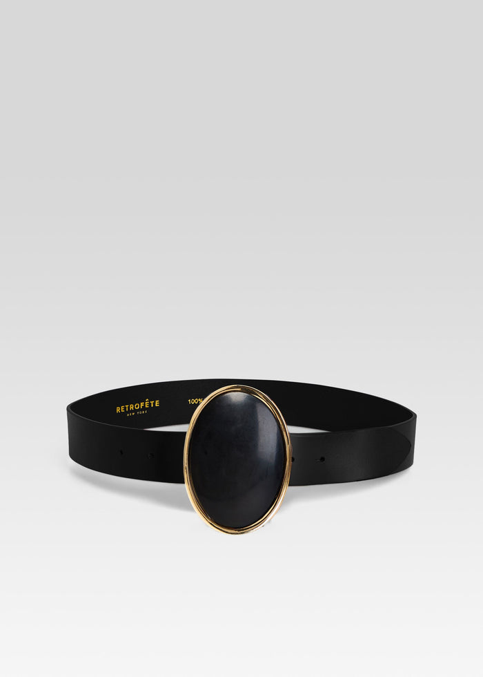 Pertie Belt black leather with oversized oval dark stone buckle set in a gold bezel media 1 of 3