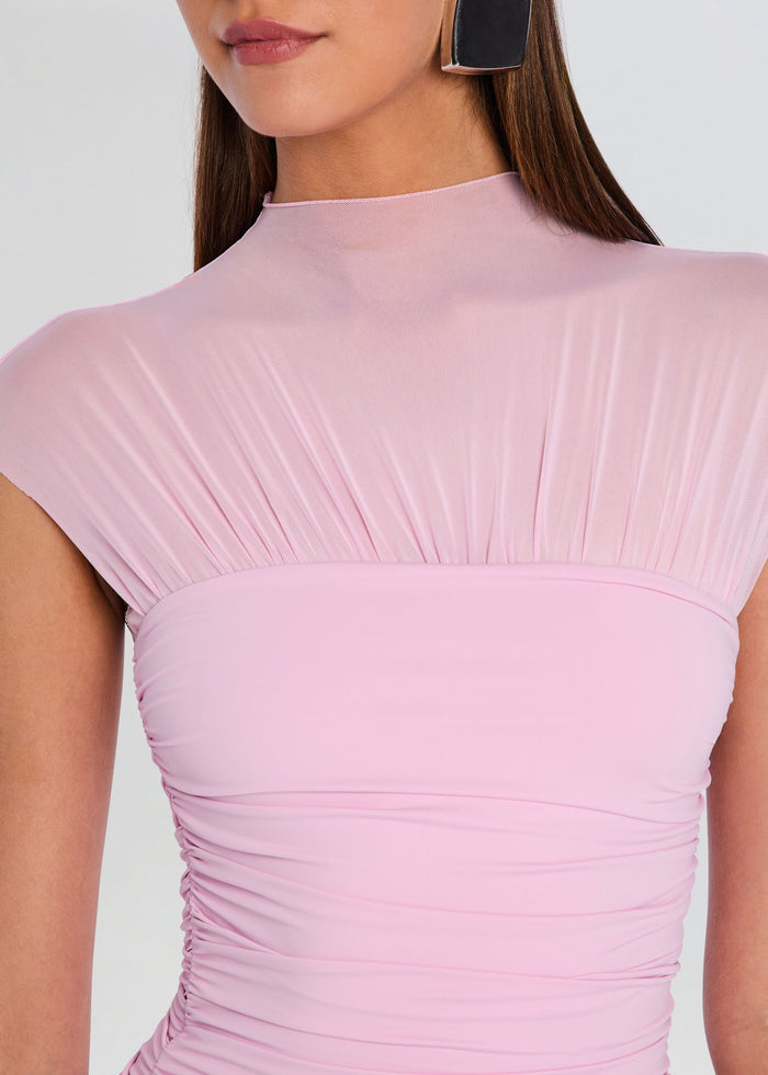 Close-up of the pink sheer upper bodice with a high neckline and ruching. media 2 of 5