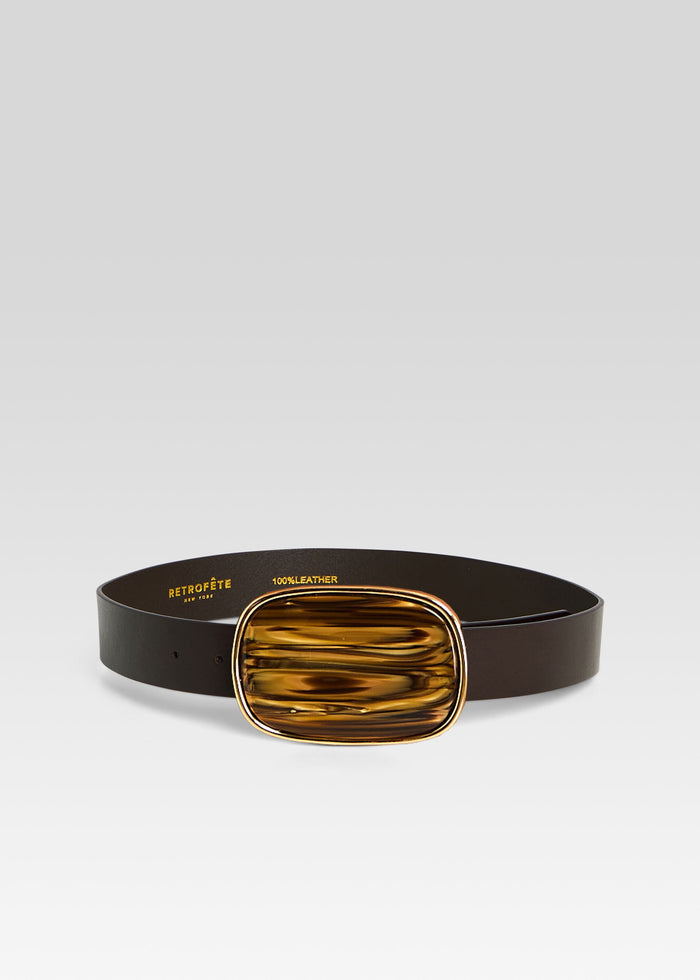 Parlow Belt with dark brown leather strap and a large gold framed tortoiseshell buckle media 1 of 3