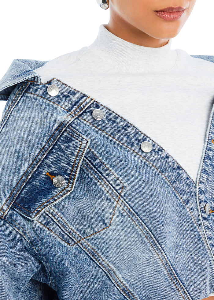 Close up of light wash Caroline Jacket detailing front placket metal snaps and pockets media 2 of 4