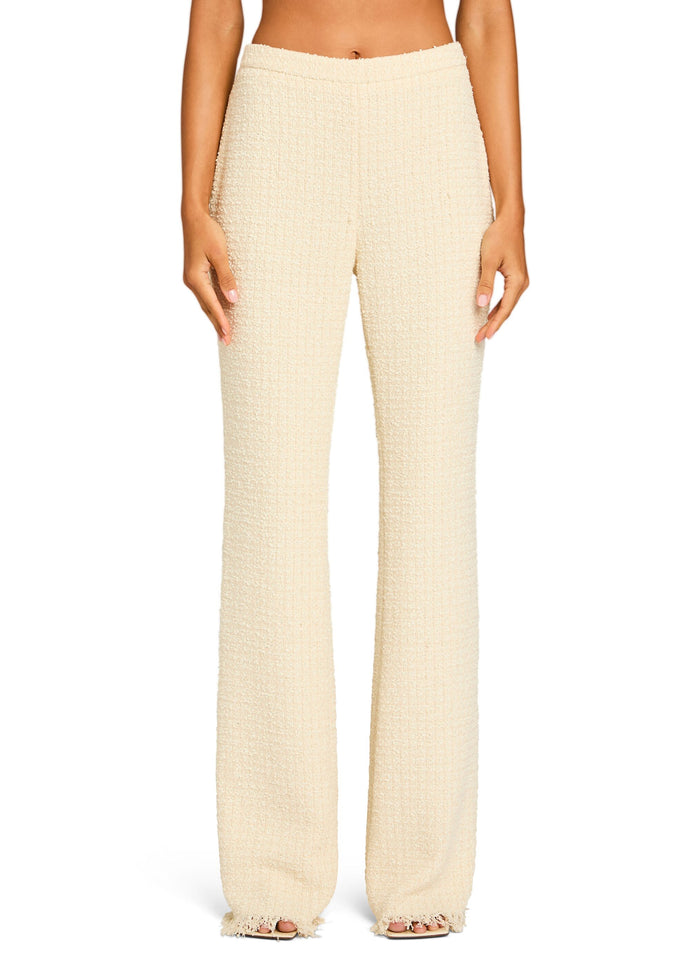 Front view of Shar Boucle Pant in cream boucle with fringe hems media 1 of 5