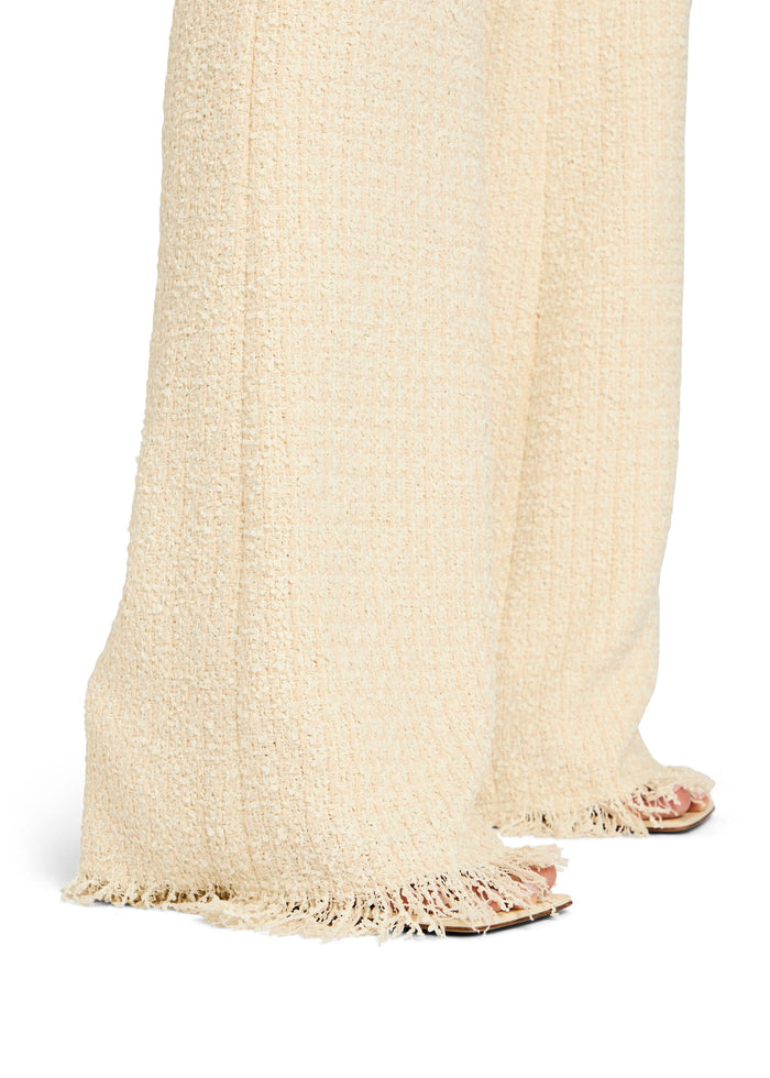 Cream boucle pant leg with frayed fringe hem. media 2 of 5