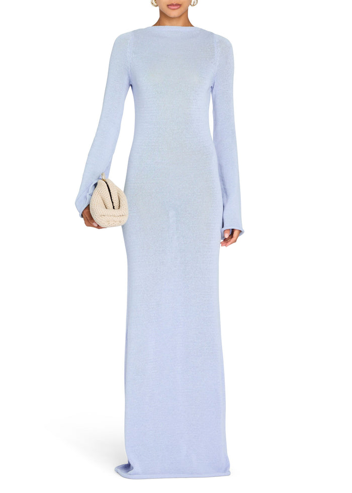 Torry Knit Maxi Dress pale blue on a model, paired with a small cream woven handbag media 1 of 4