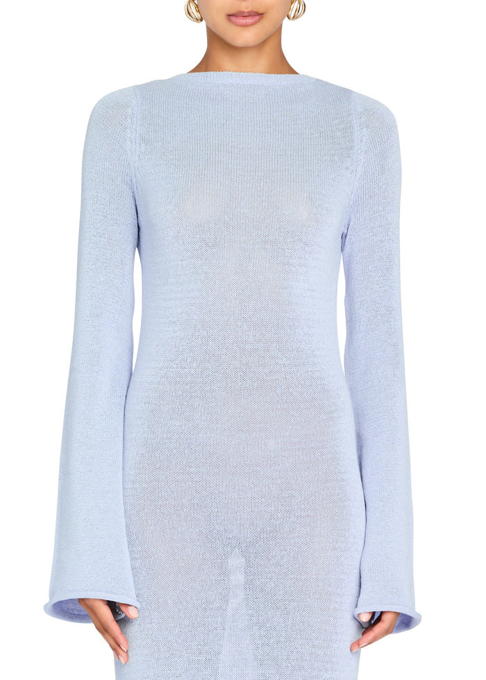 Front close up of the light lavender Torry Knit Maxi Dress with a round neckline and fine knit texture media 4 of 4