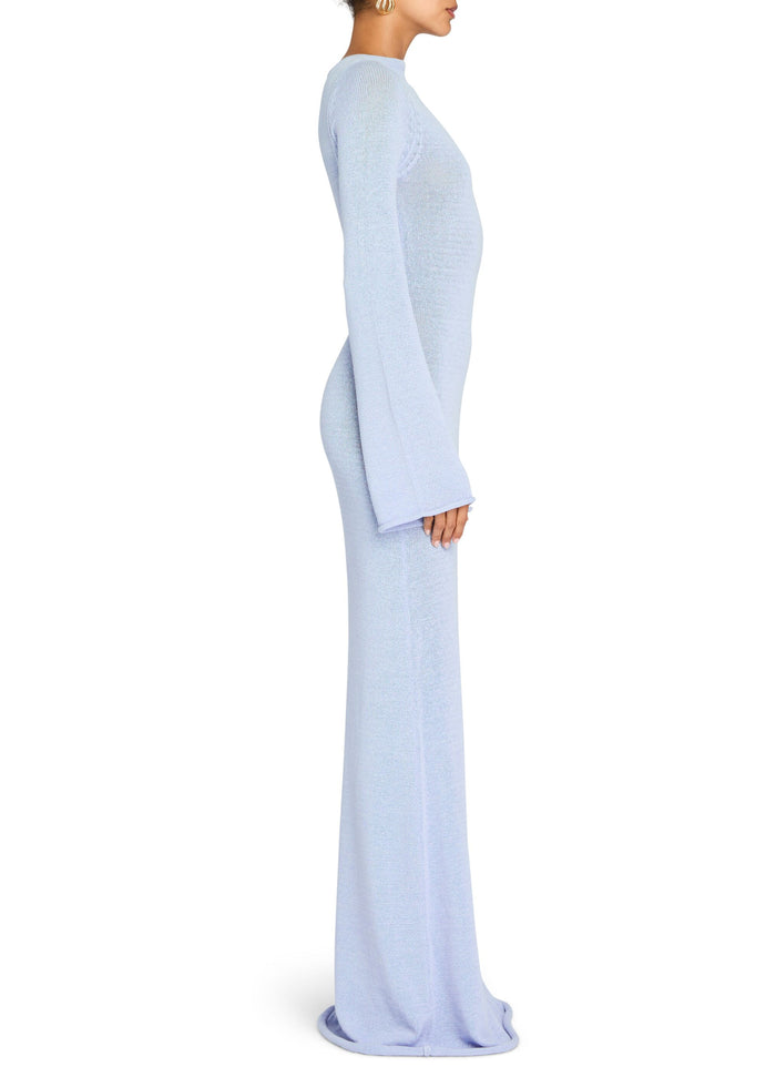 Side profile of a light lavender Torry Knit Maxi Dress on a model with long flared sleeves media 2 of 4