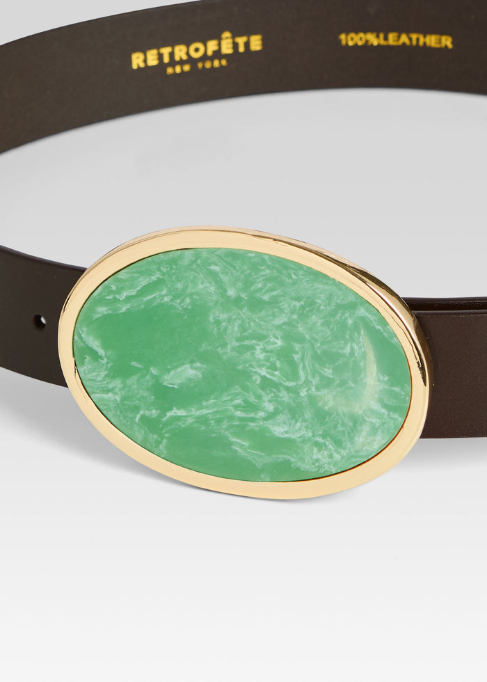 Oval green jade buckle with gold trim on a dark brown leather Dagmar belt media 2 of 3