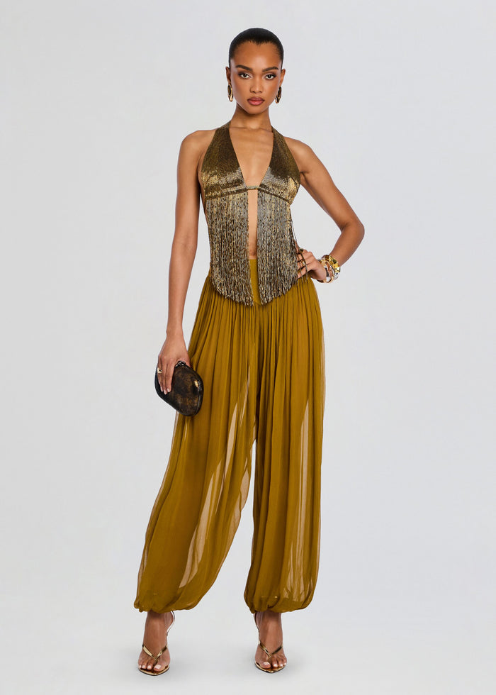 Model wearing Sereya Embellished Top with metallic fringe and mustard wide-leg pants media 6 of 6