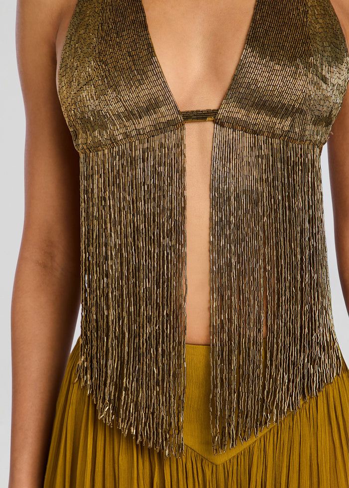 Close-up of Sereya Embellished Top featuring gold beaded fringe and a plunging front opening. media 3 of 6