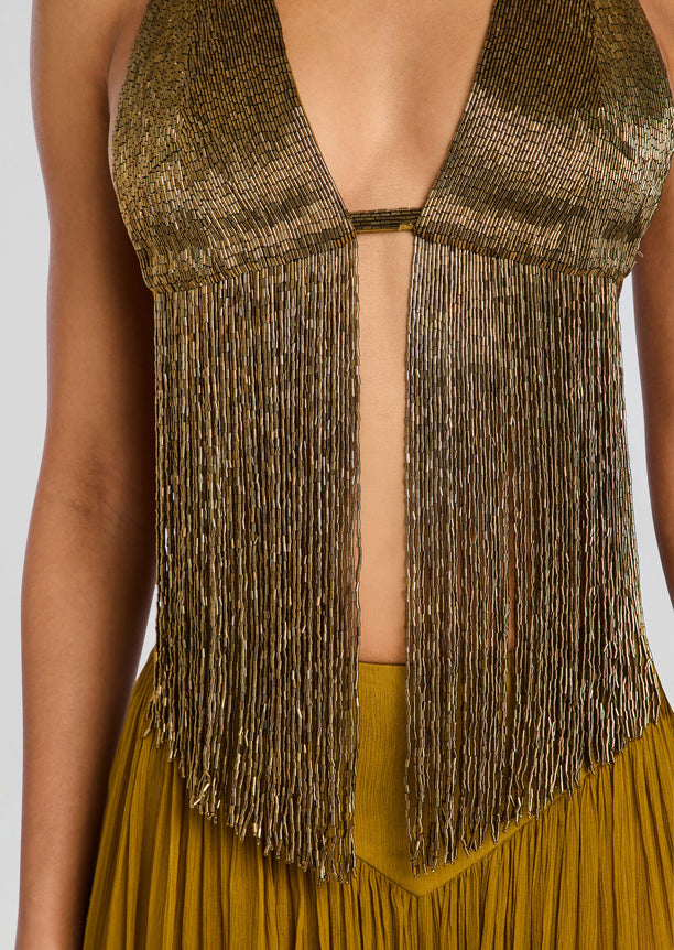 Close-up of Sereya Embellished Top featuring gold beaded fringe and a plunging front opening.