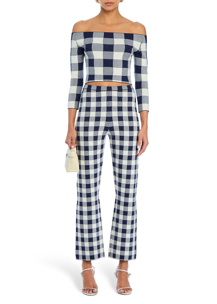 Navy and white gingham off-shoulder crop top with matching high-waisted check pants media 2 of 5