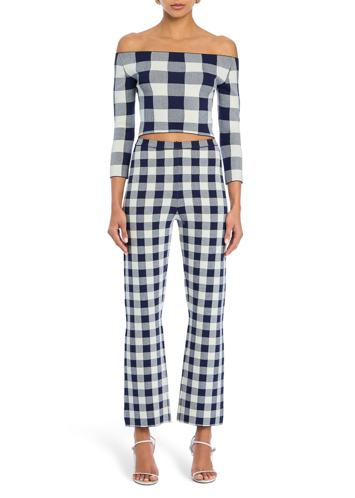 Navy and white gingham off‑the‑shoulder crop top with matching high‑waisted pants. media 5 of 5