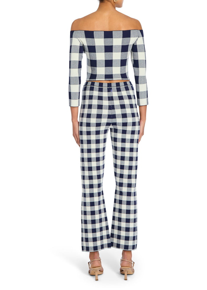 Back view of navy and white gingham off-shoulder crop top and matching high-waisted pants media 4 of 5