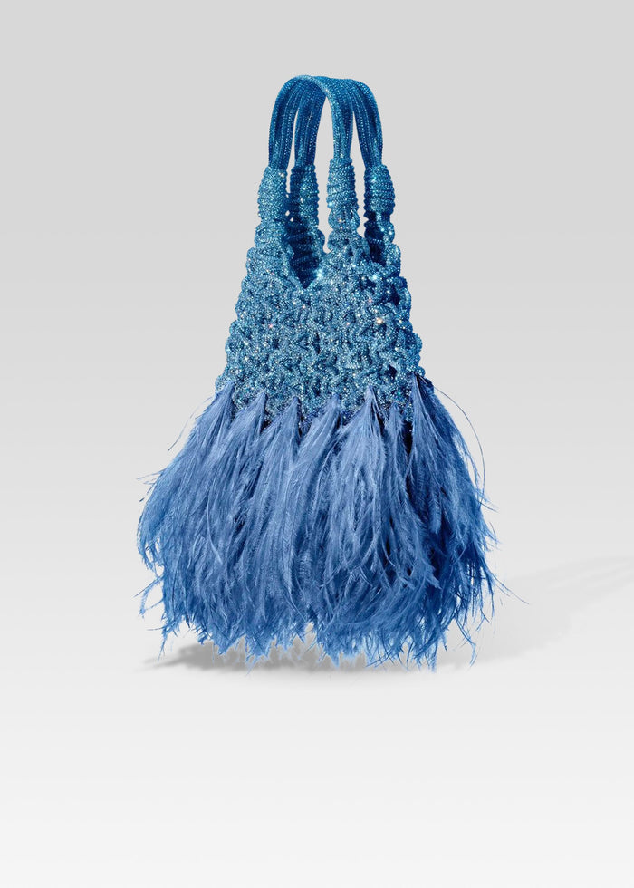 Blue beaded handbag with long beaded handles and a feathered fringe at the base media 3 of 3