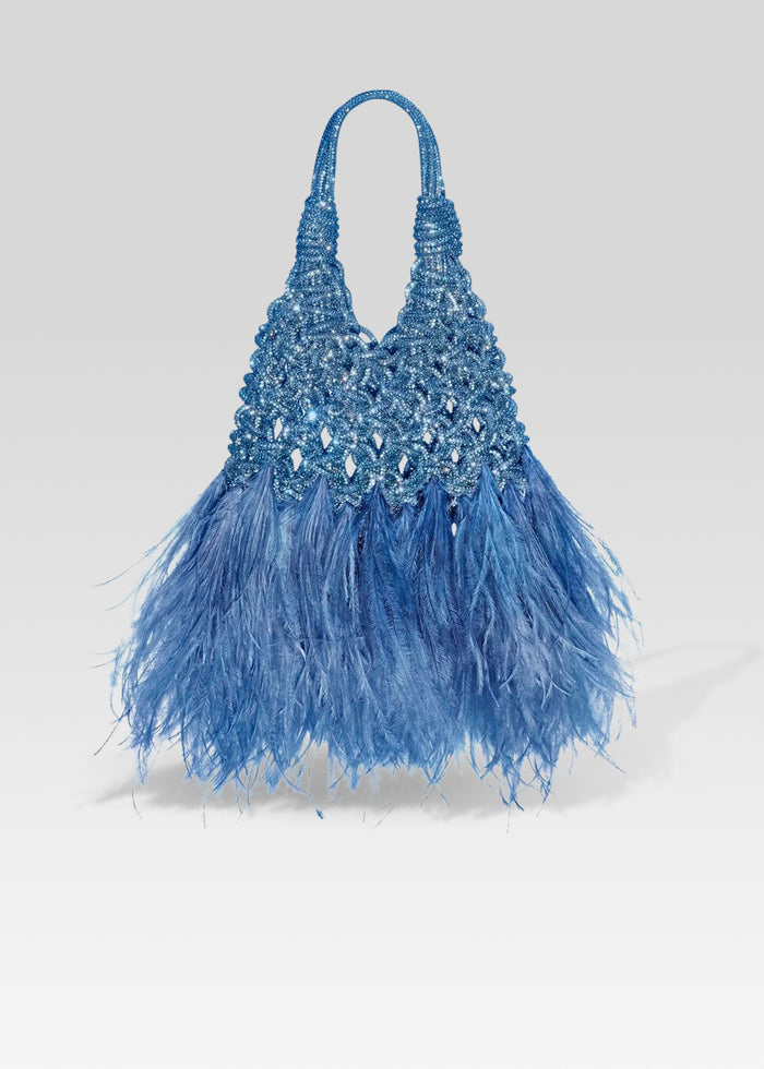 Blue Vannifique Mini Feathers Bag with a beaded crochet body and blue feather fringe media 1 of 3