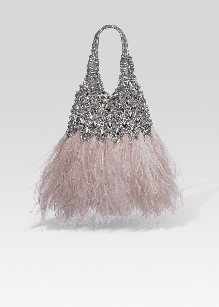 Vannifique Mini Feathers Bag with a beaded silver top and soft pink feather fringe media 1 of 3