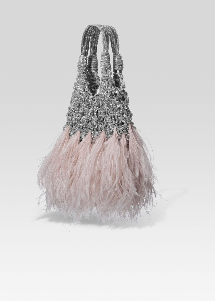 Full view of the Vannifique Mini Feathers Bag showing a glittering silver beaded body and pale pink feather fringe media 3 of 3