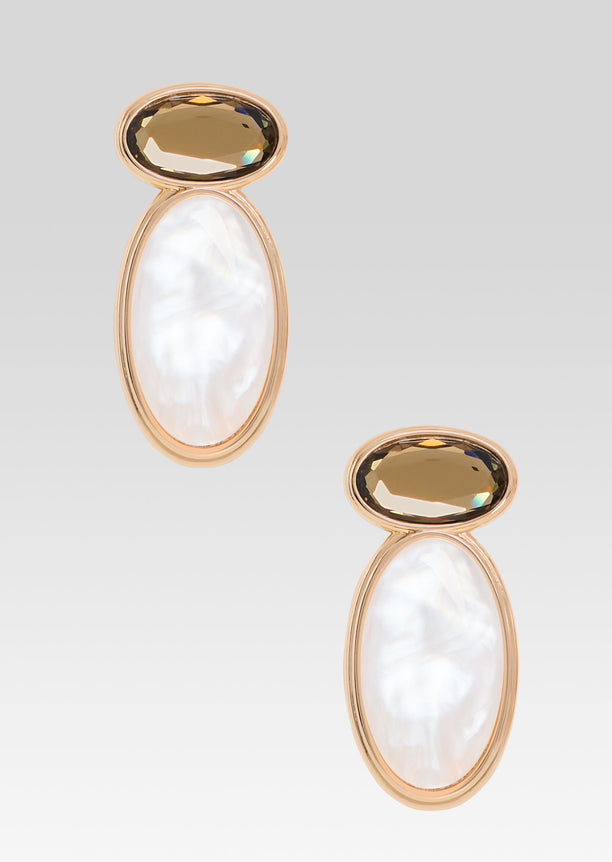 Pair of Yolanda earrings with oval smoky brown stones above large white mother of pearl drops in rose gold settings