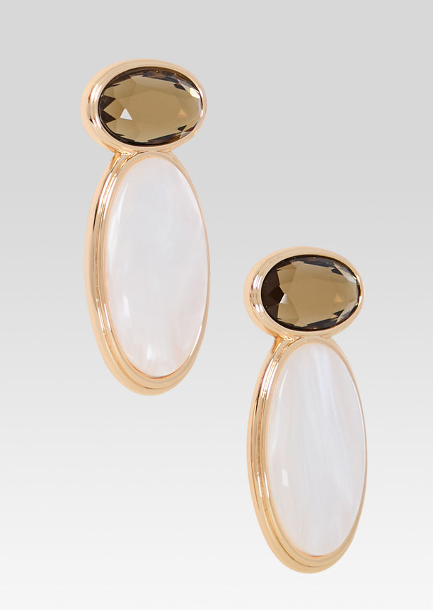 Yolanda earrings in rose gold with oval smoky brown stones over large white mother of pearl drops