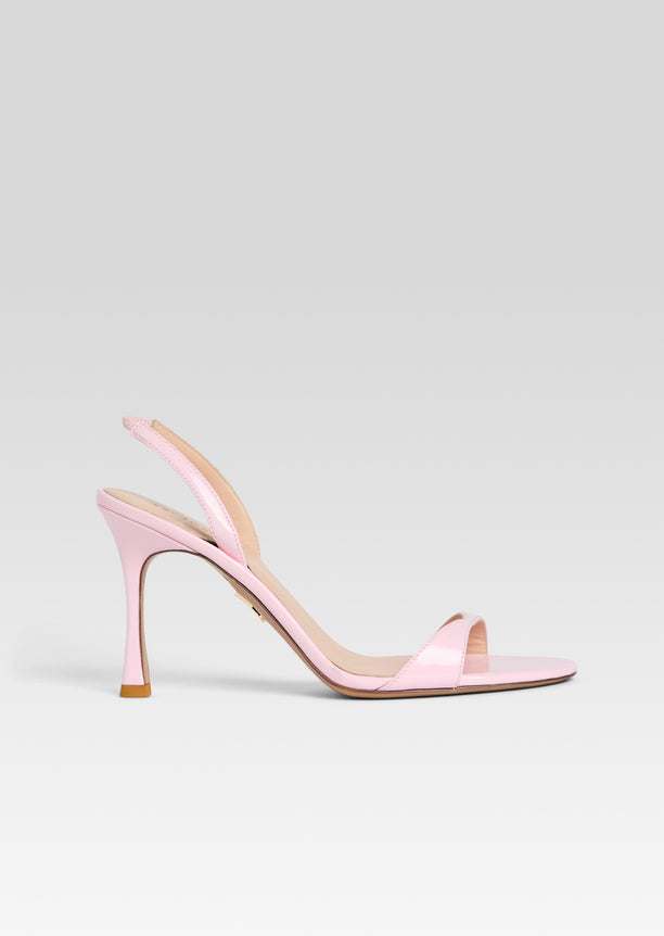 Pink Fortune Sandal with a toe strap and slim ankle strap on a high heel