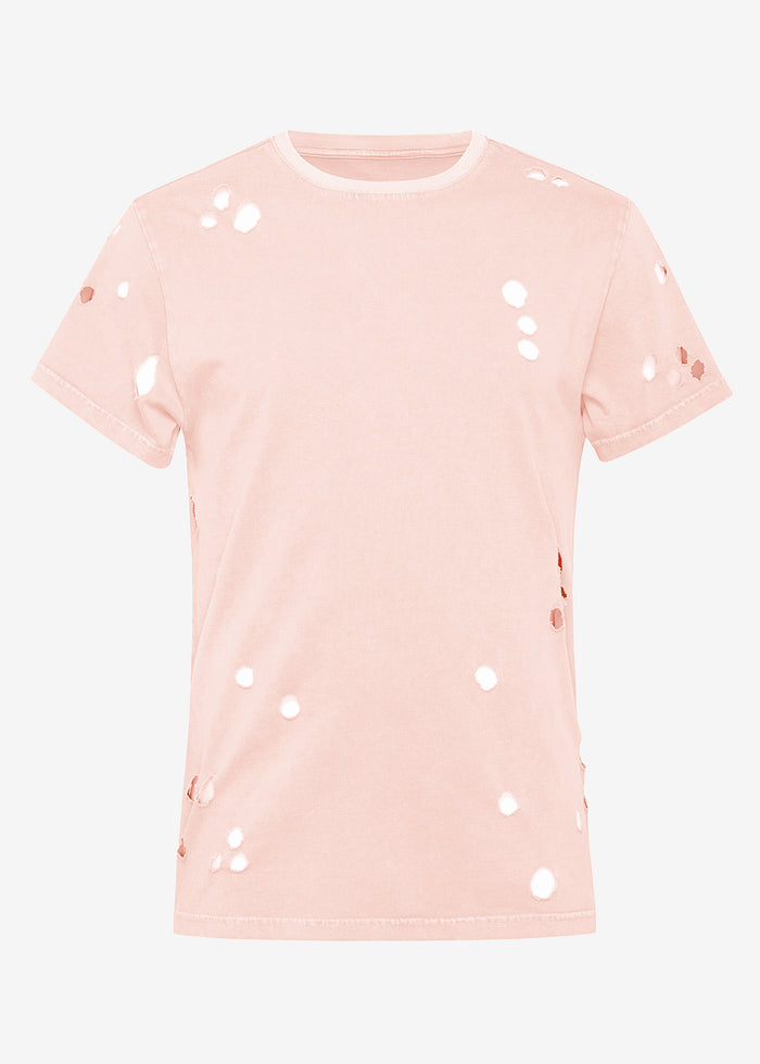 Gavin T Shirt pale pink with distressed holes. media 1 of 1