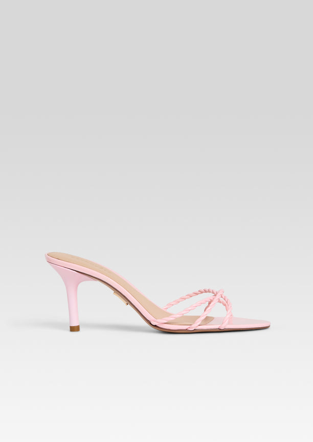 Karolina Sandal in pale pink with twisted braided straps and a slim heel.