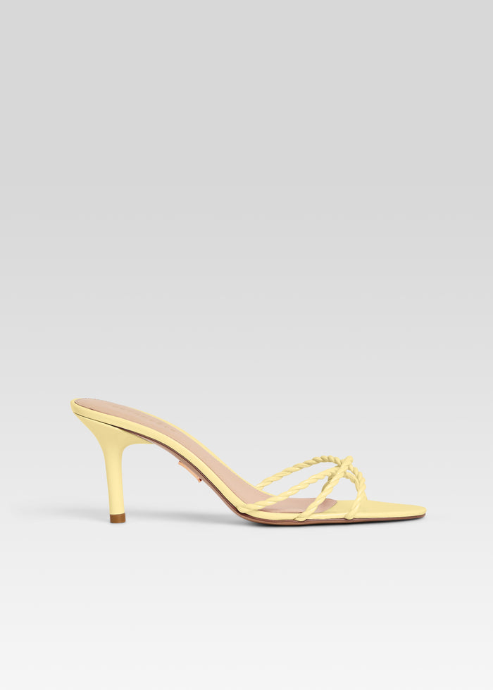 Karolina Sandal pale yellow with braided front straps and slender heel media 1 of 5