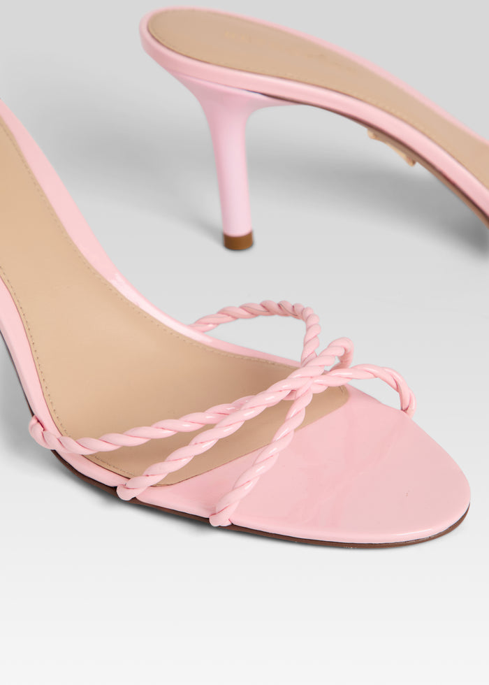 Pink braided strap sandal with open toe and slender stiletto heel media 3 of 5