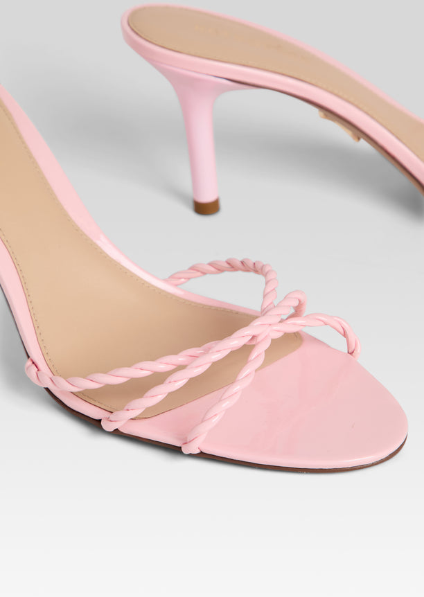Pink braided strap sandal with open toe and slender stiletto heel
