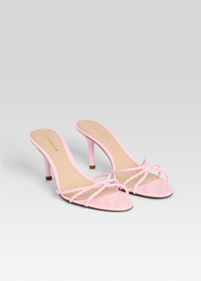 Two pink Karolina sandals with braided front straps and slender stiletto heels media 4 of 5