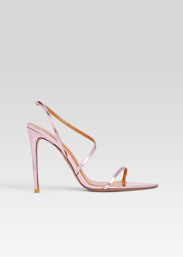 Pink metallic Naomi sandal with delicate straps and a tall stiletto heel
