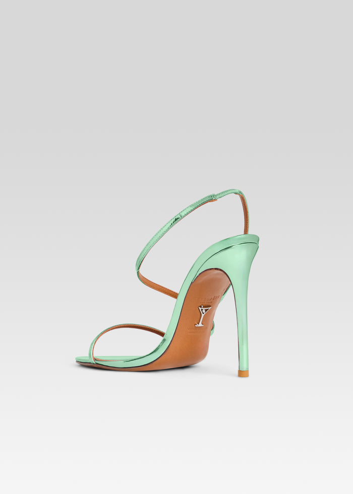 Naomi sandal in metallic mint shown in side profile with a slim ankle strap and stiletto heel media 5 of 5