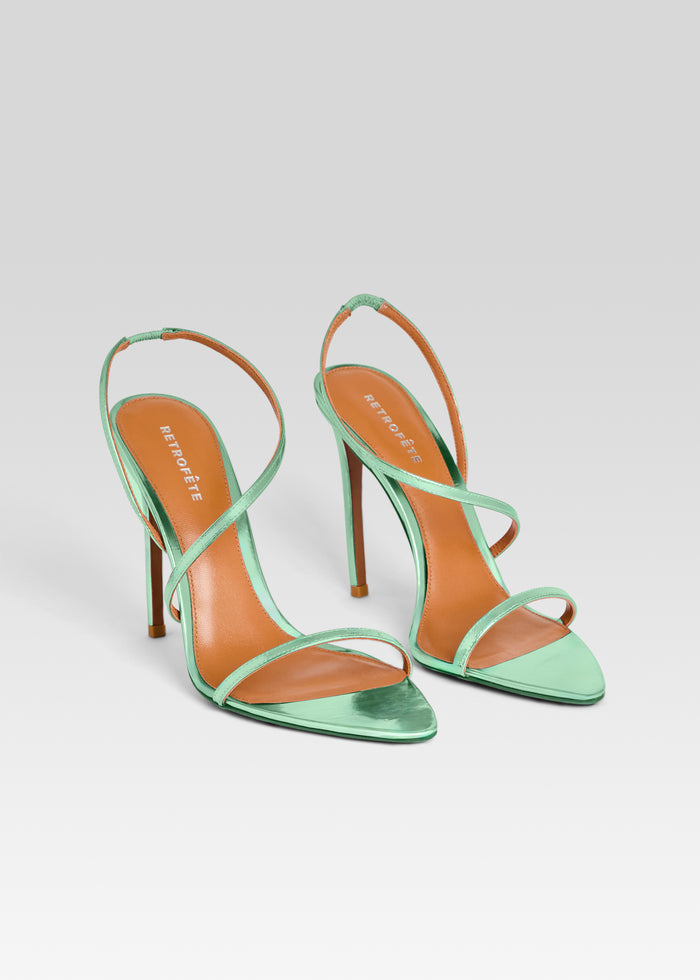 Naomi sandal in mint green with thin cross straps and a high stiletto heel media 4 of 5
